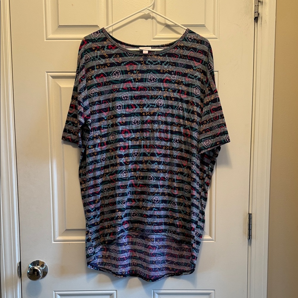 LuLaRoe Blue and Red Striped Short Sleeve Top